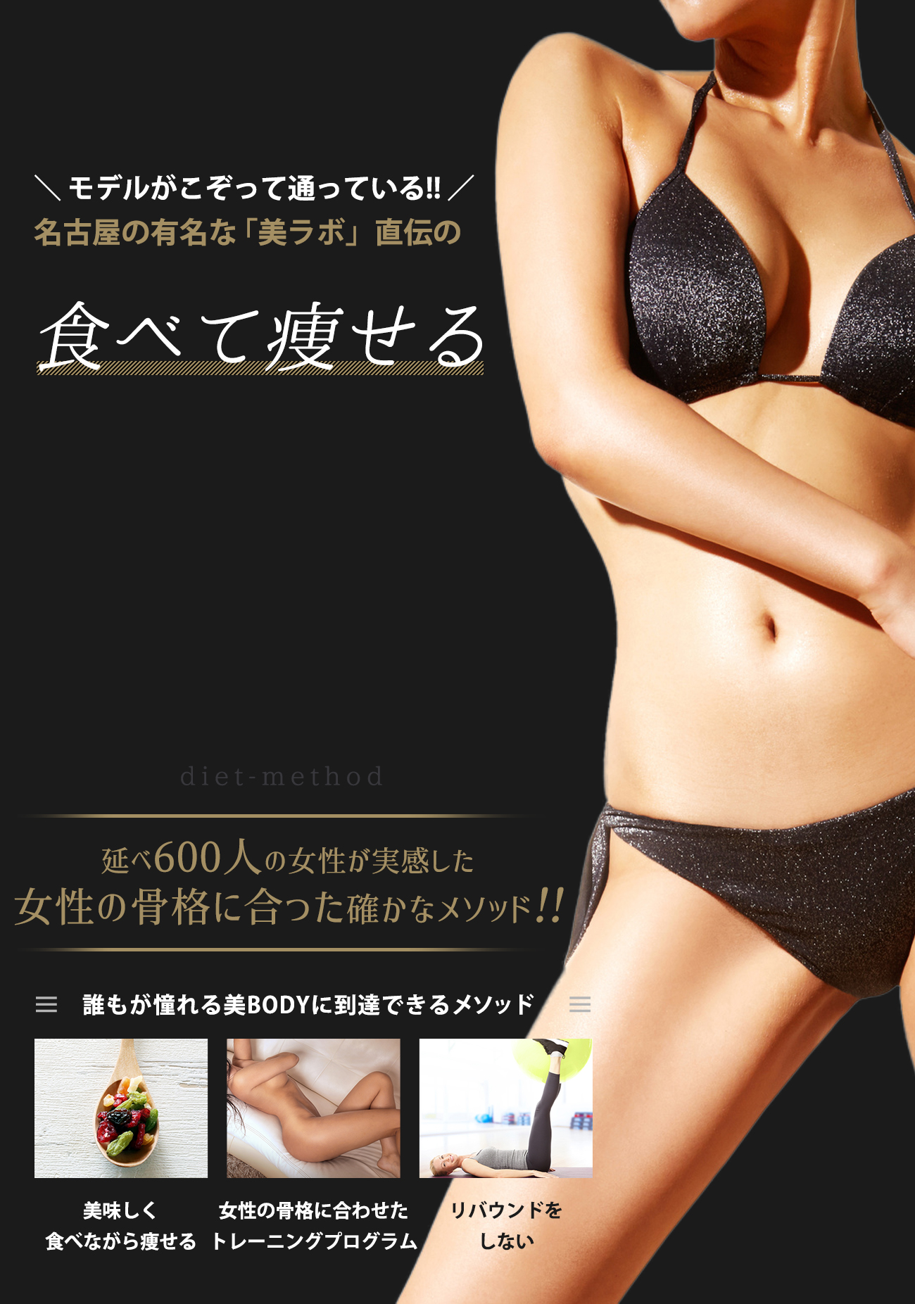 モデルがこぞって通っている!!名古屋の有名な「美ラボ」直伝の食べて痩せる新発想のダイエットメソッド！女性の骨格に合った誰もが憧れる美BODYに到達できるメソッド。